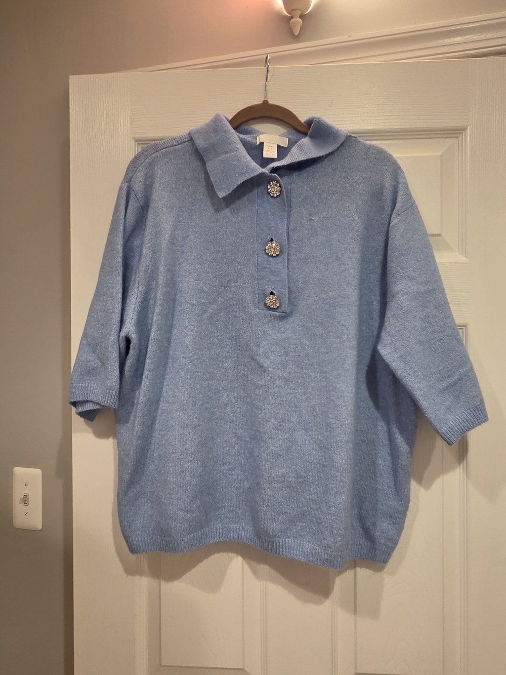 H&M Light Blue Short Sleeve Knit Polo with Rhinestone Buttons